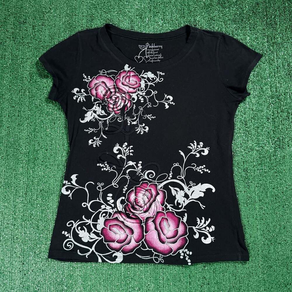 Y2K Womens Pinkberry Black Floral Rose Graphic T-Shirt XL